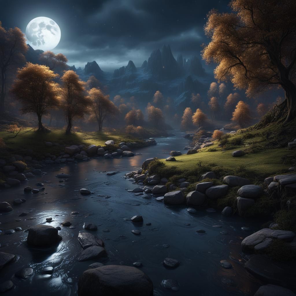 Magical River Gleaming in Moonlight: Fantasy Concept Art