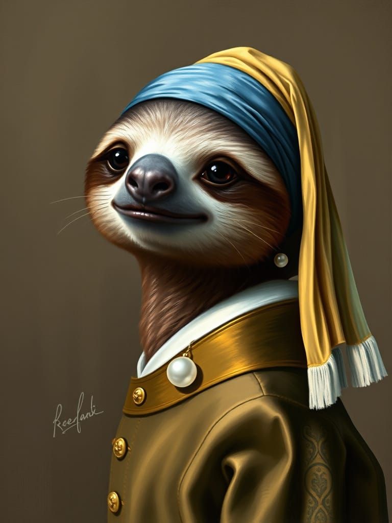 Regal Sloth with Pearl Earring in Elegant Portraiture