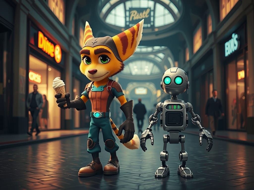Hyper Real 3D CGI Scene of Ratchet and Clank in a Bustling S...