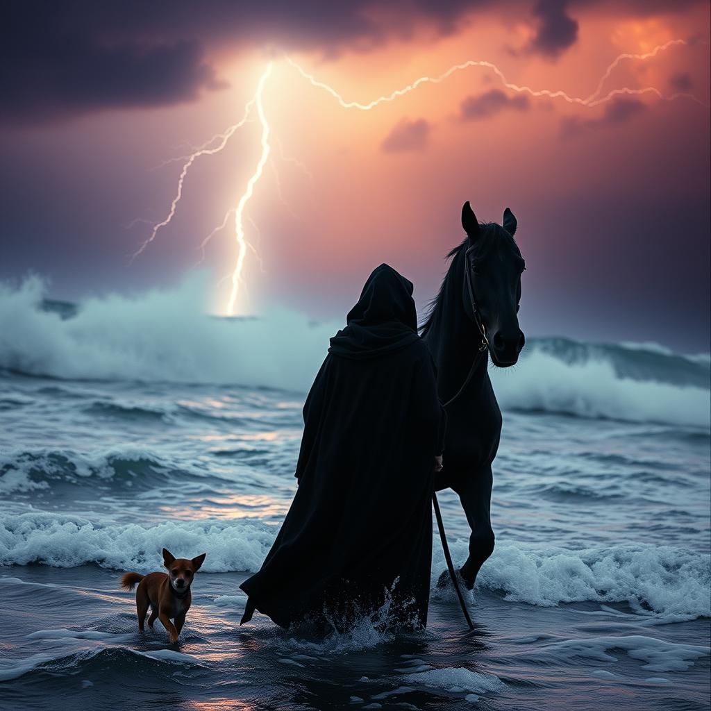 Mourning Woman Walks a Stormy Shore