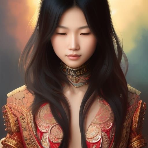 Chinese Portrait in Hyperdetailed Art Nouveau Style