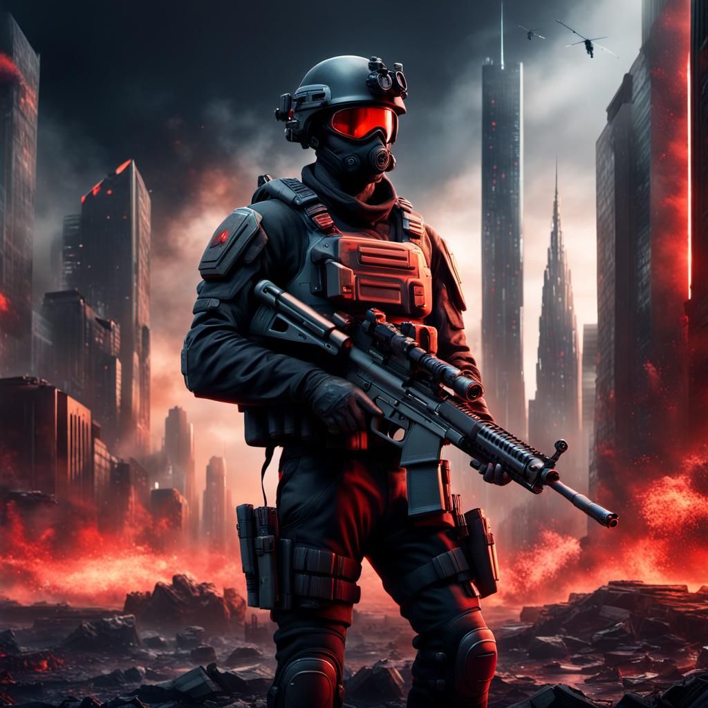 Sci-Fi Soldier in Warzone with Sniper Rifle