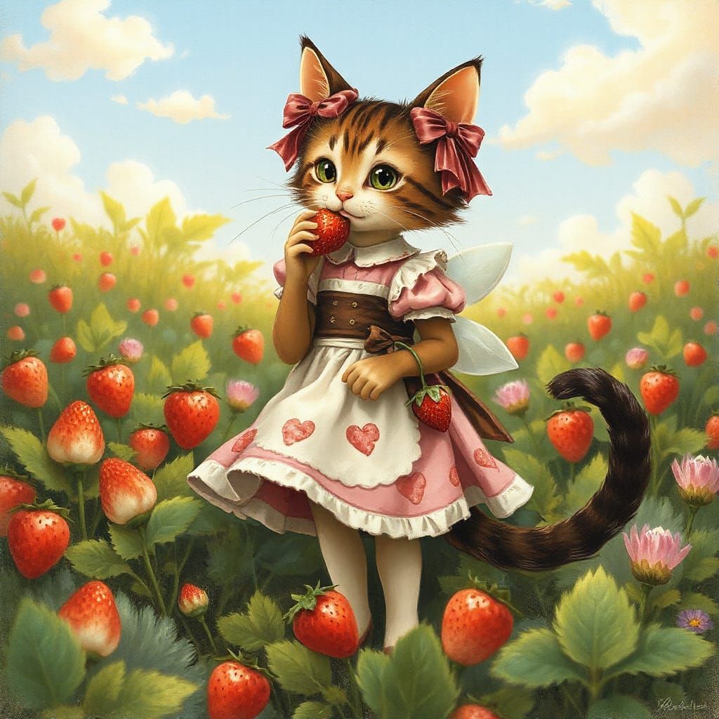 Strawberry Cat Fairy in Whimsical Style