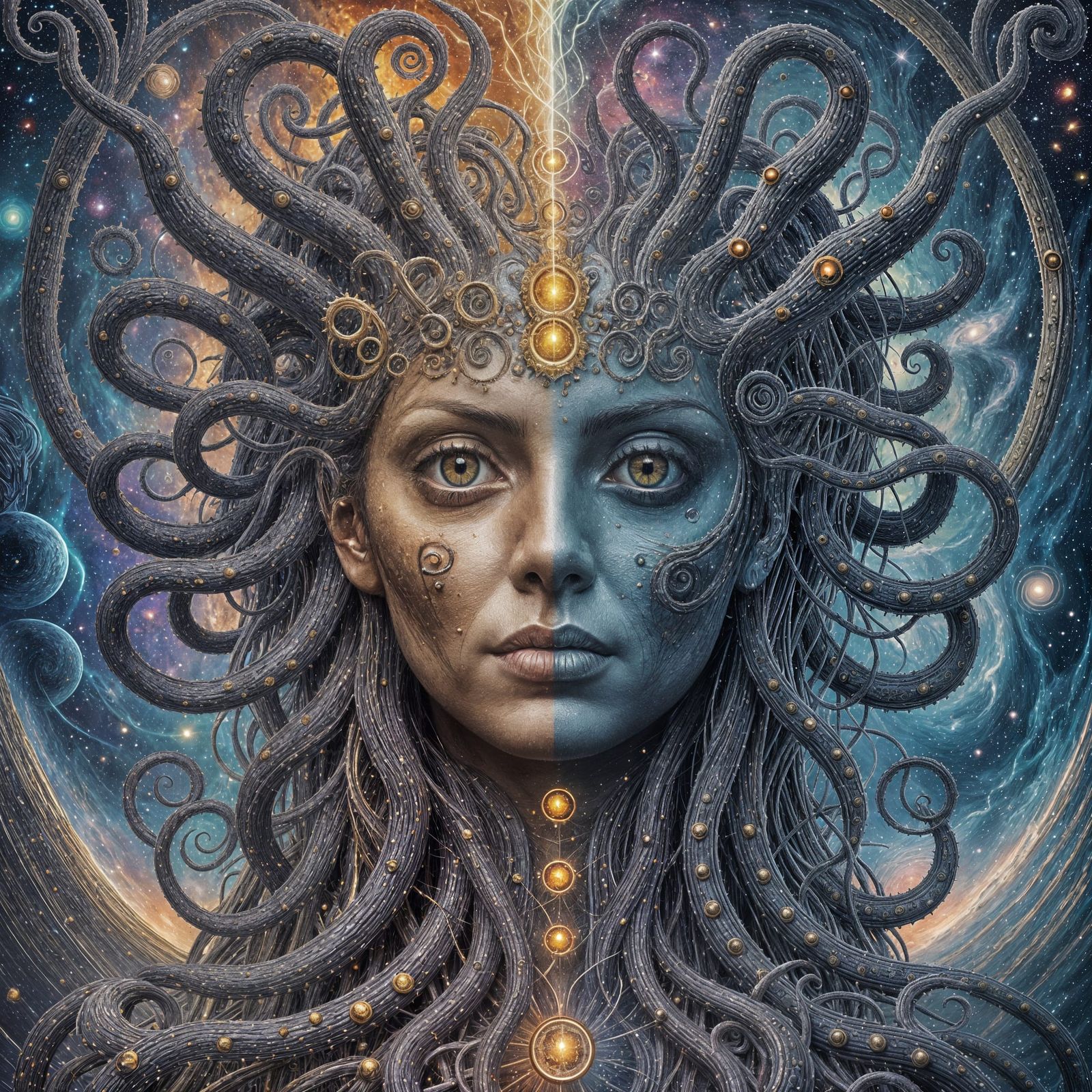 Cosmic Horror vs Divine Serenity: Oil Painting Duality