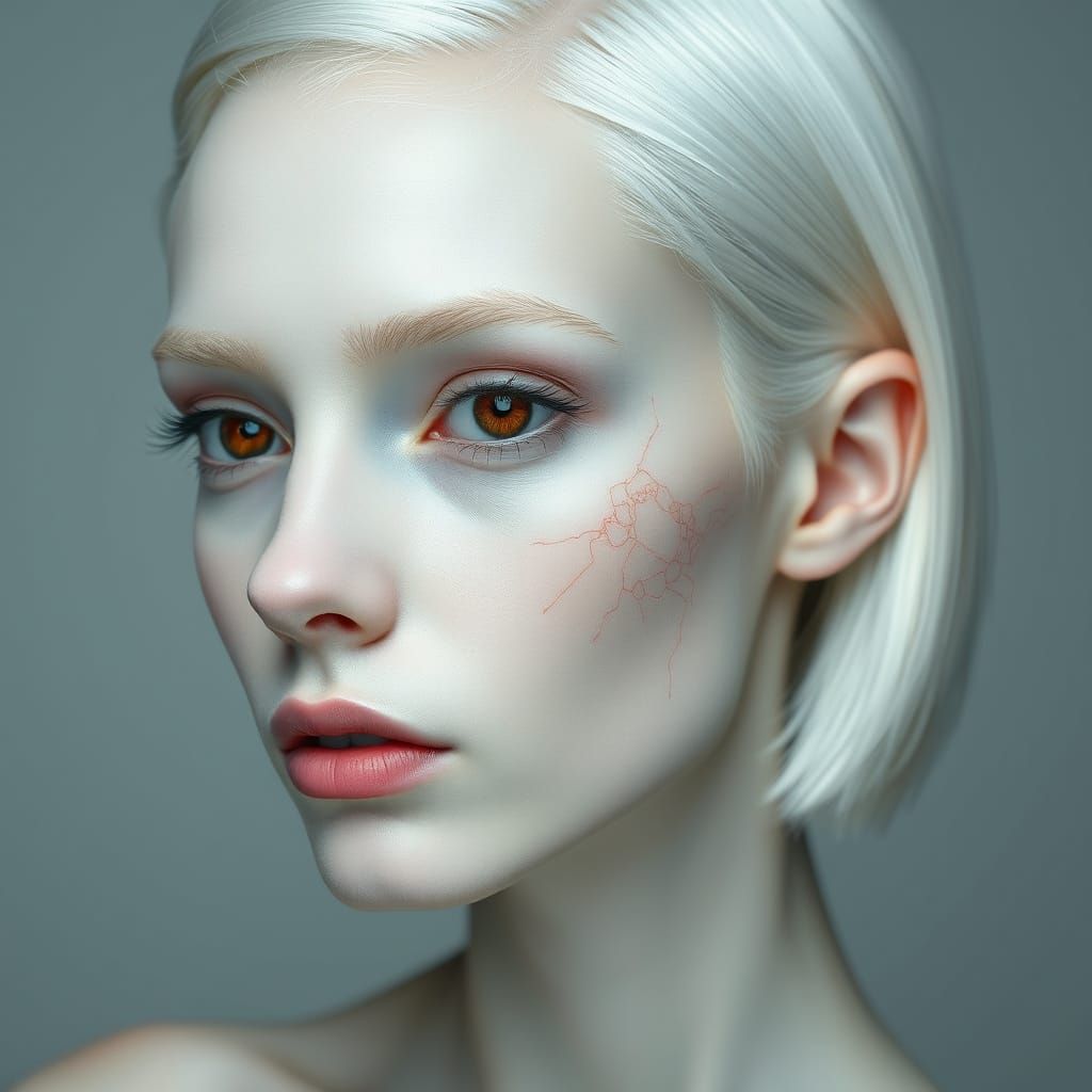 Elegant Albino Figure with Intricate Facial Tattoo