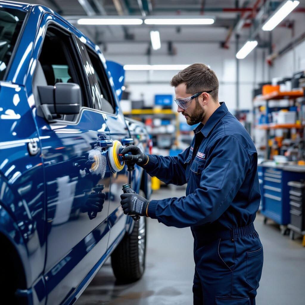 Auto Body Technician Repairs Ford F-150 in Modern Garage