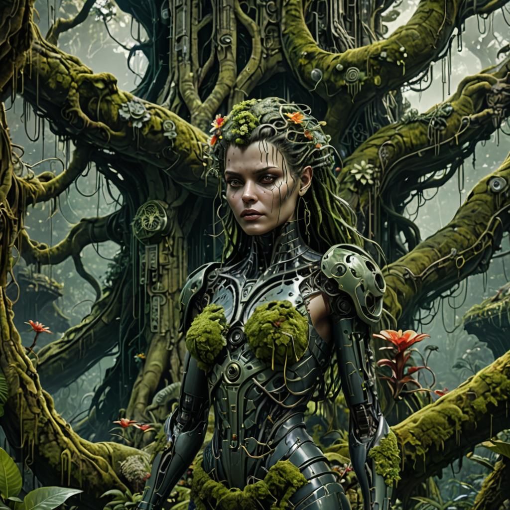 Biopunk Woman Linked to Rainforest Tree
