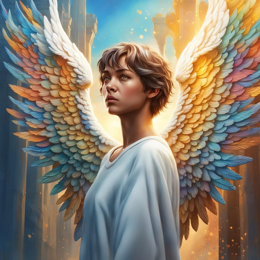 a beautiful angel with short hair walking into the gates of ...