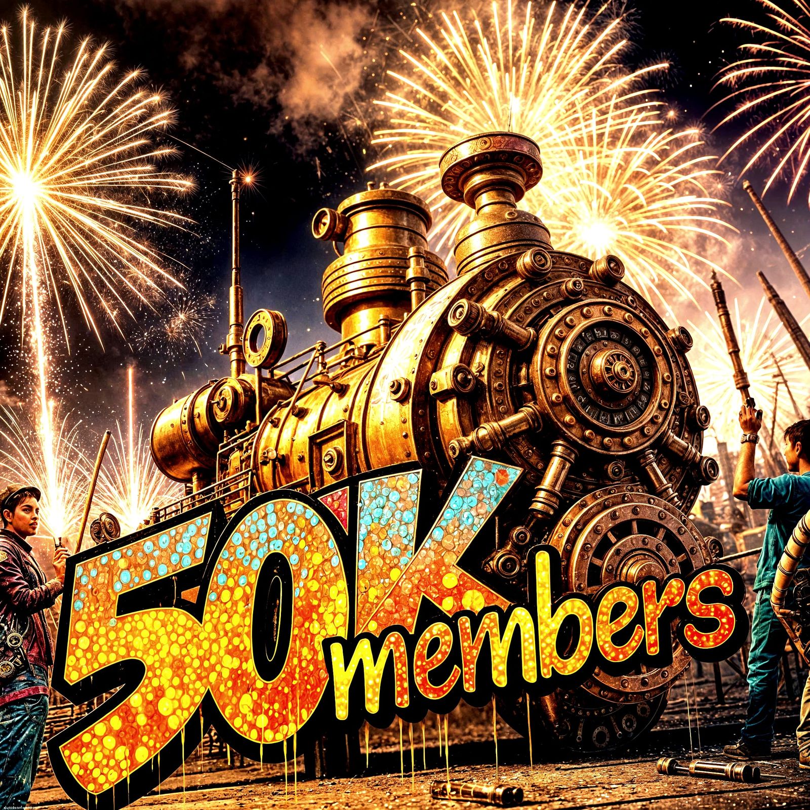 Steampunk Celebration with Fireworks and Graffiti Art