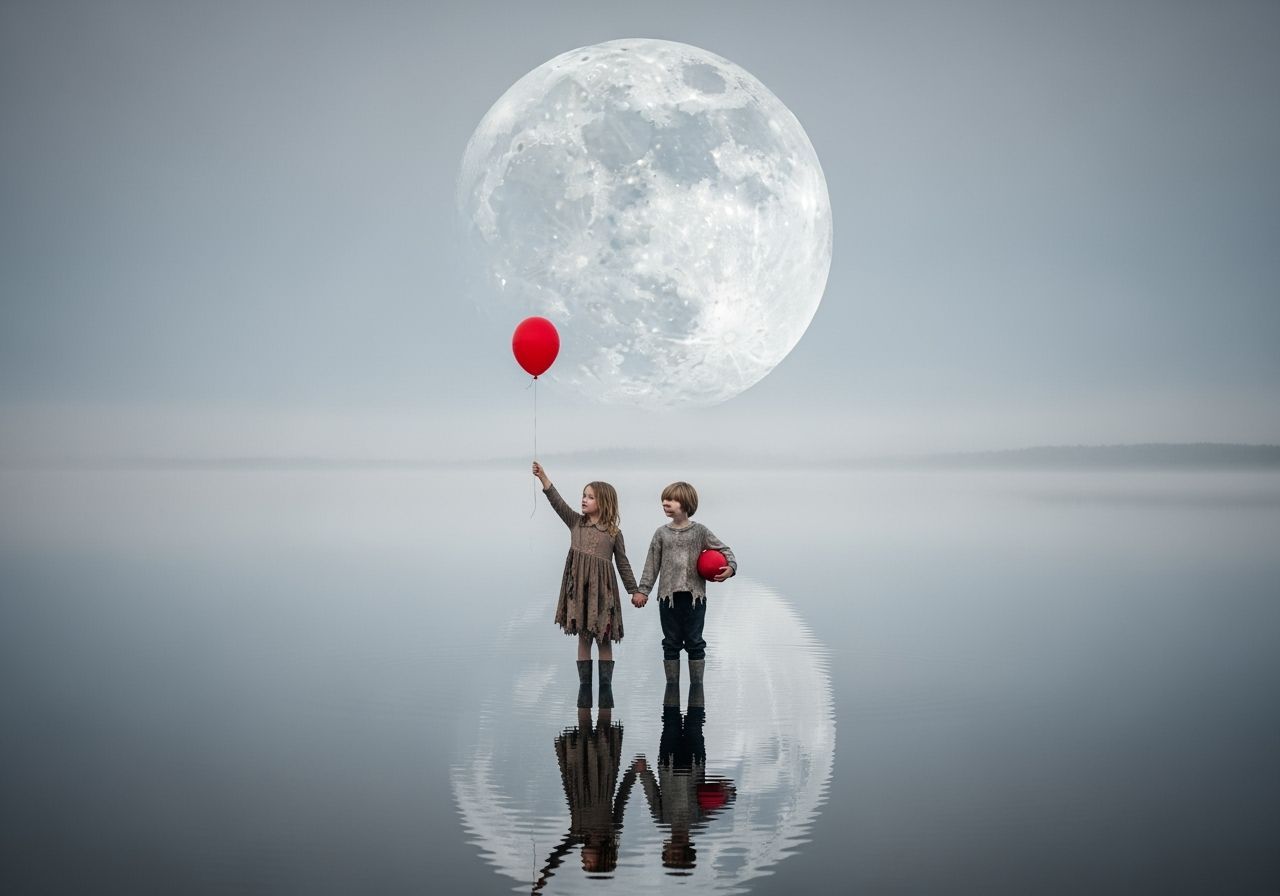 Hyperrealistic Moonlit Scene with Children and Balloon