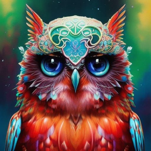 Rainbow Owl Portrait in Liquid Ink Style