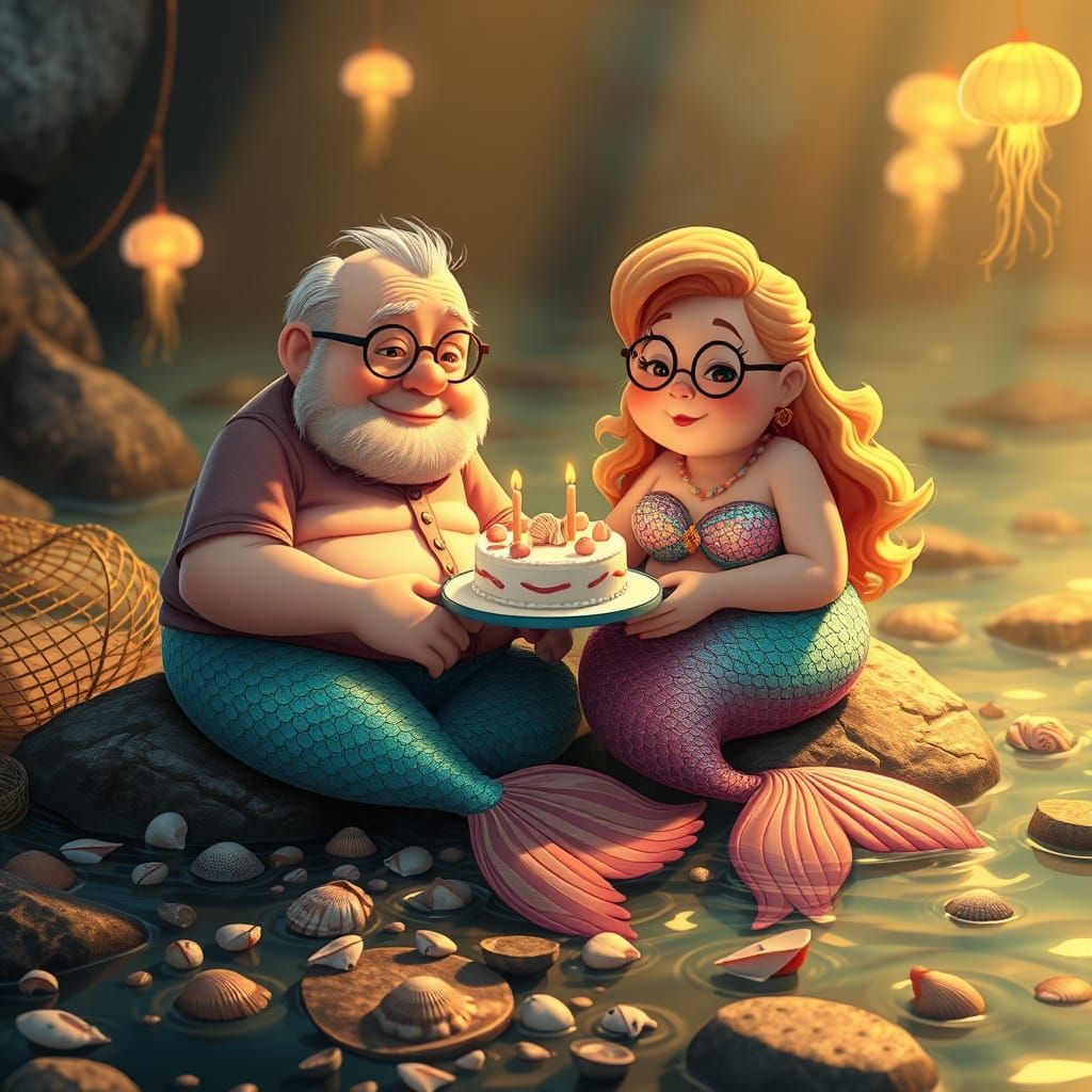 Chubby Mermen and Mermaids Share a Whimsical Ocean Picnic