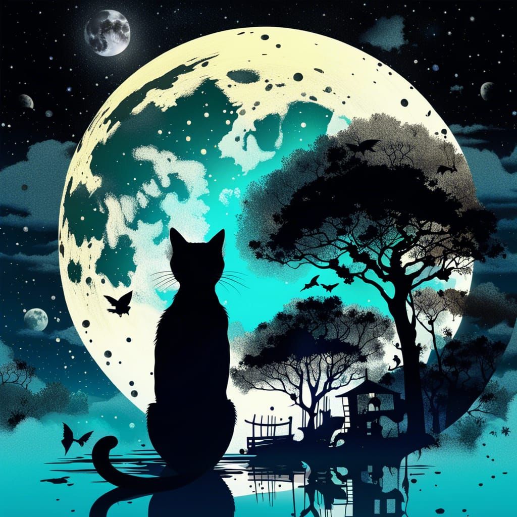 Cat and Moon Surrealism in Digital Illustration