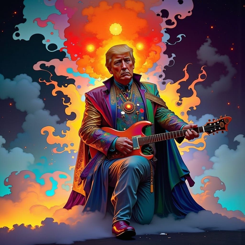 Trump as Hendrix with Flaming Guitar, Art Nouveau