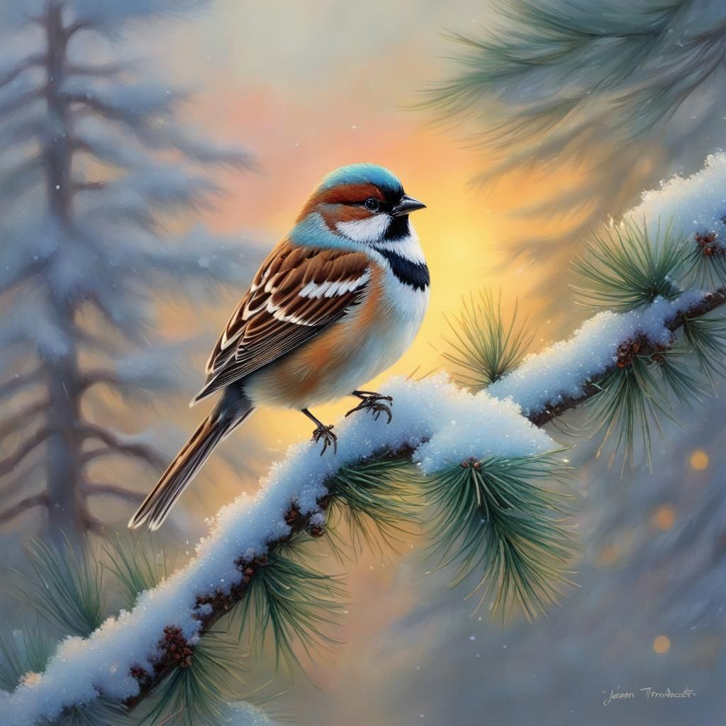 Sparrow in Winter Wonderland - Watercolour Painting