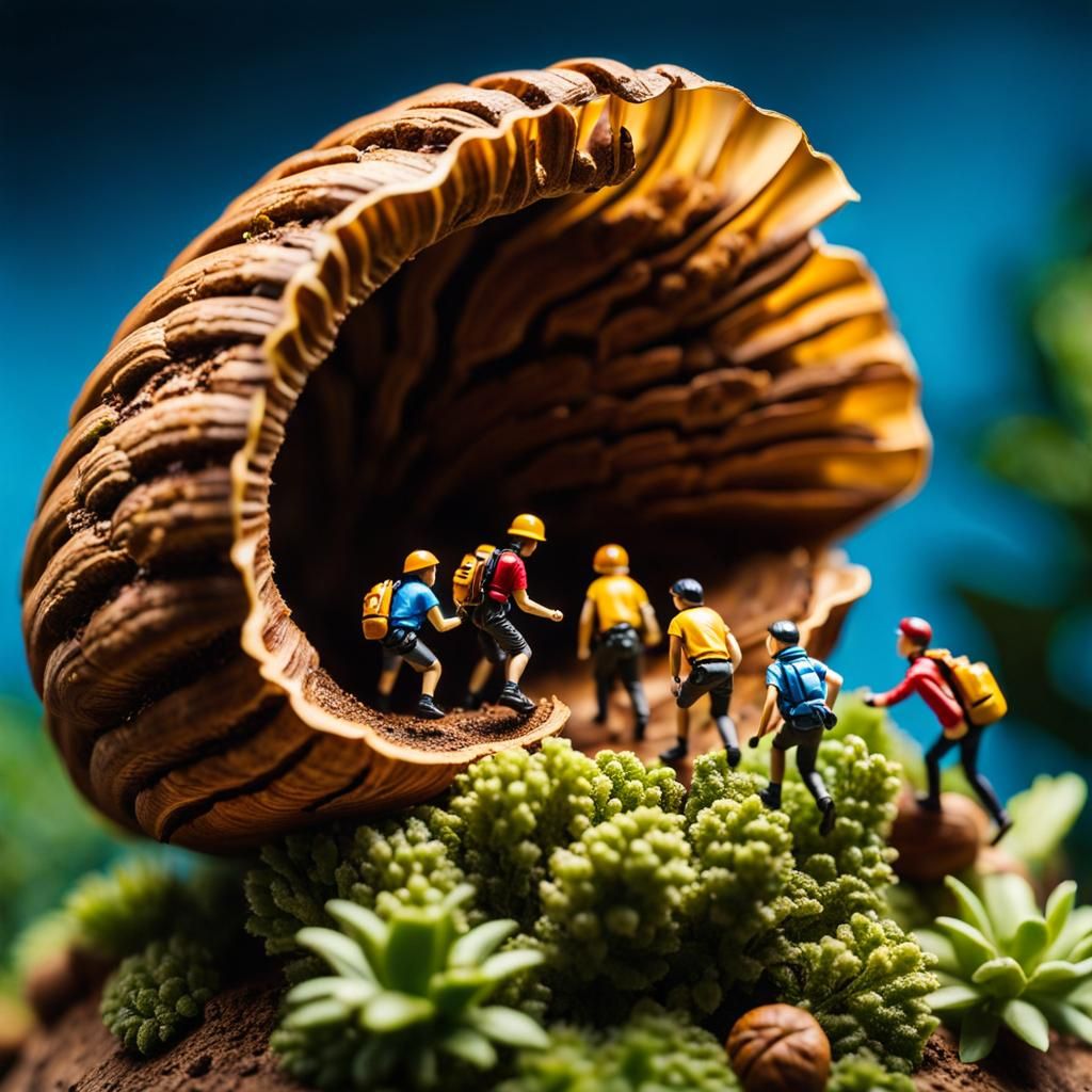 Detailed Macro Photograph of Miniature People on Walnut