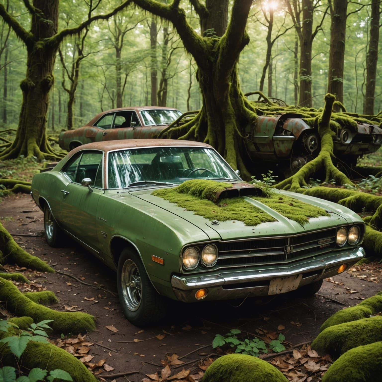 Abandoned Muscle Car in Forest: Surreal Realism