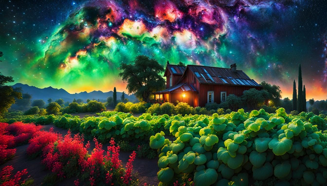 Cosmic Garden Under a Nebula Sky
