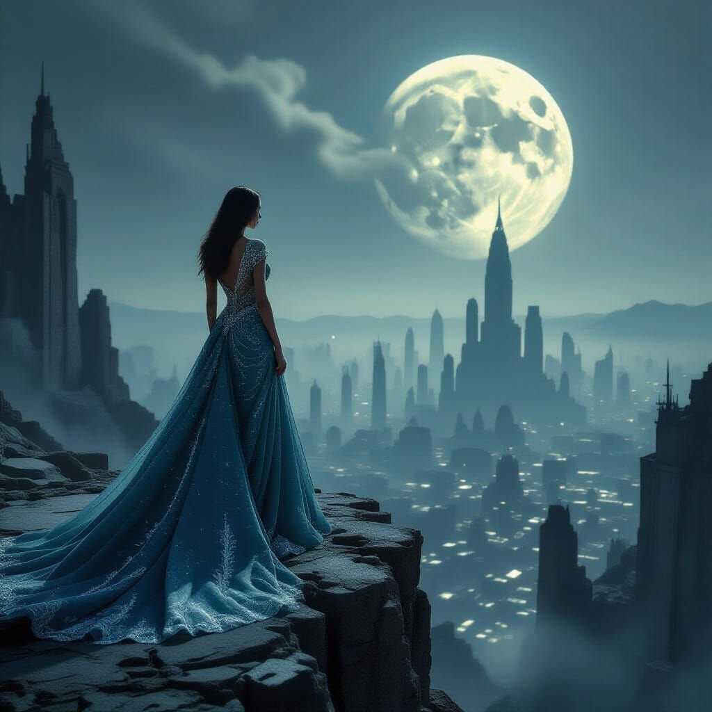 Starlight Gown Over Decaying Moon City