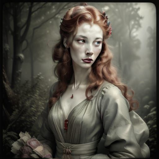 Victorian Lady Awaiting Return on Foggy Cliffside