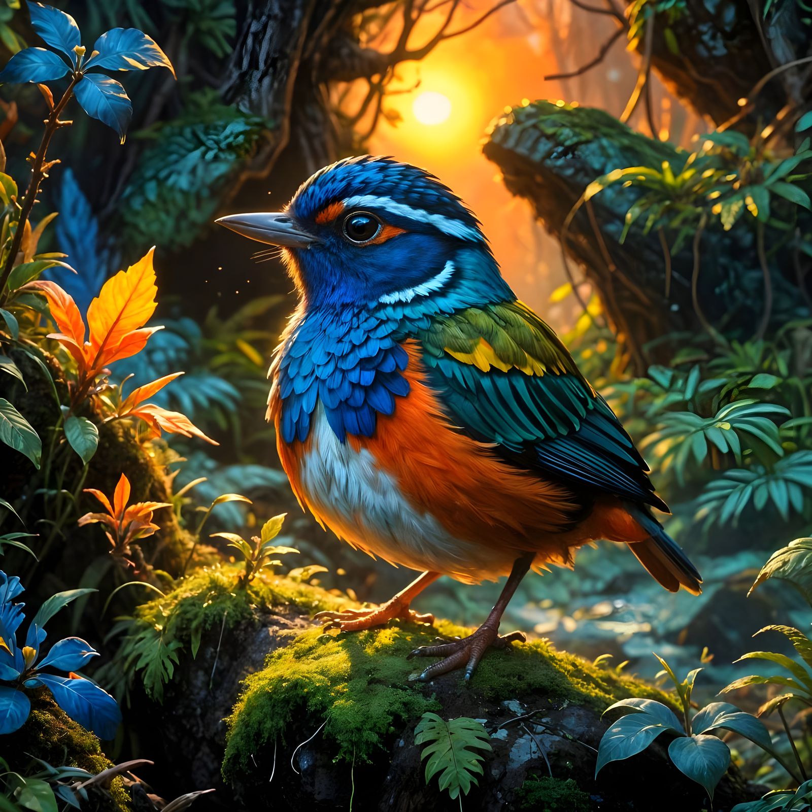 Vibrant Pitta Bird on Mossy Rock, Detailed Art
