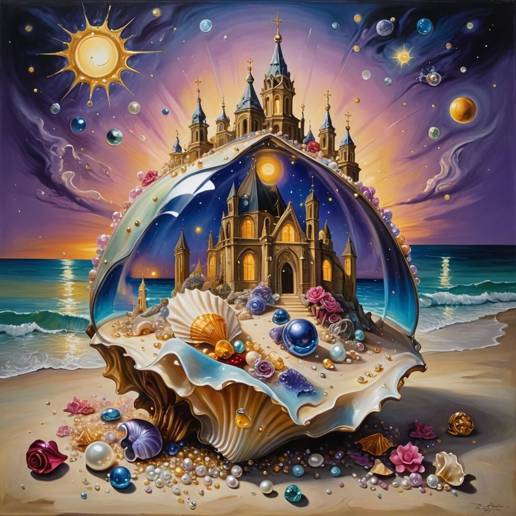Glistening Cathedral by the Sea: Surrealist Oil Painting