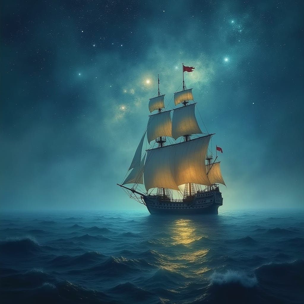 Bioluminescent Galleon Voyage Under Starry Skies
