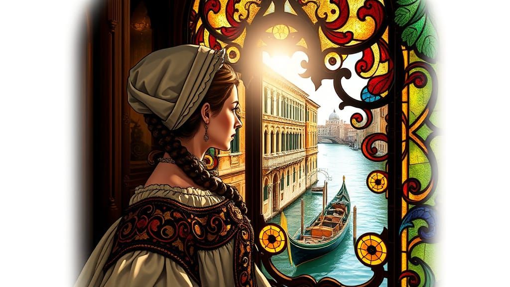 Renaissance Woman Gazing From Stained Glass Window