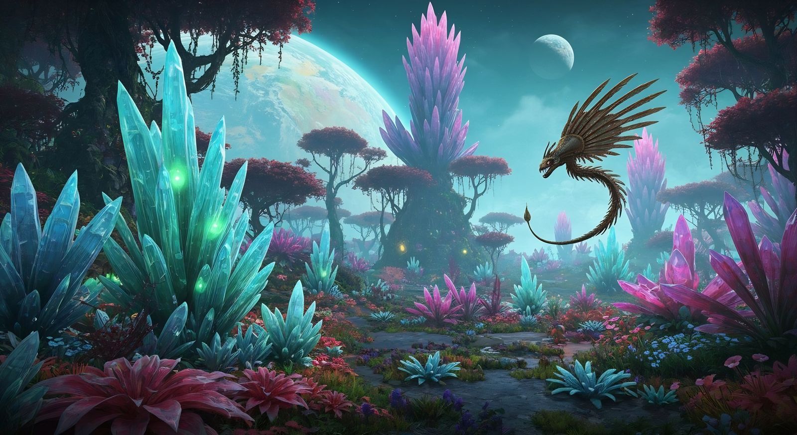 Exoplanet Ecosystem with Crystalline Flora and Fauna