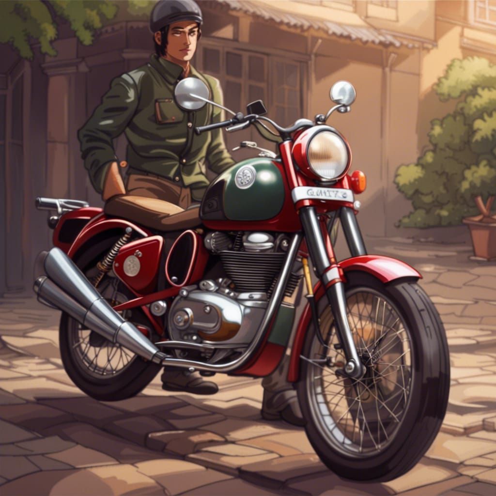 Anime Man with Royal Enfield, Classical Style