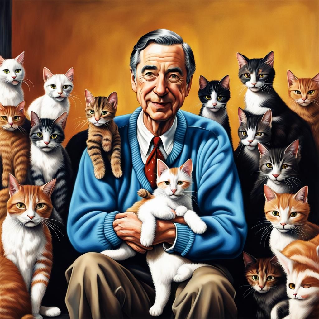 Mr. Rogers Surrounded by Cats: Hyperrealistic Concept Art