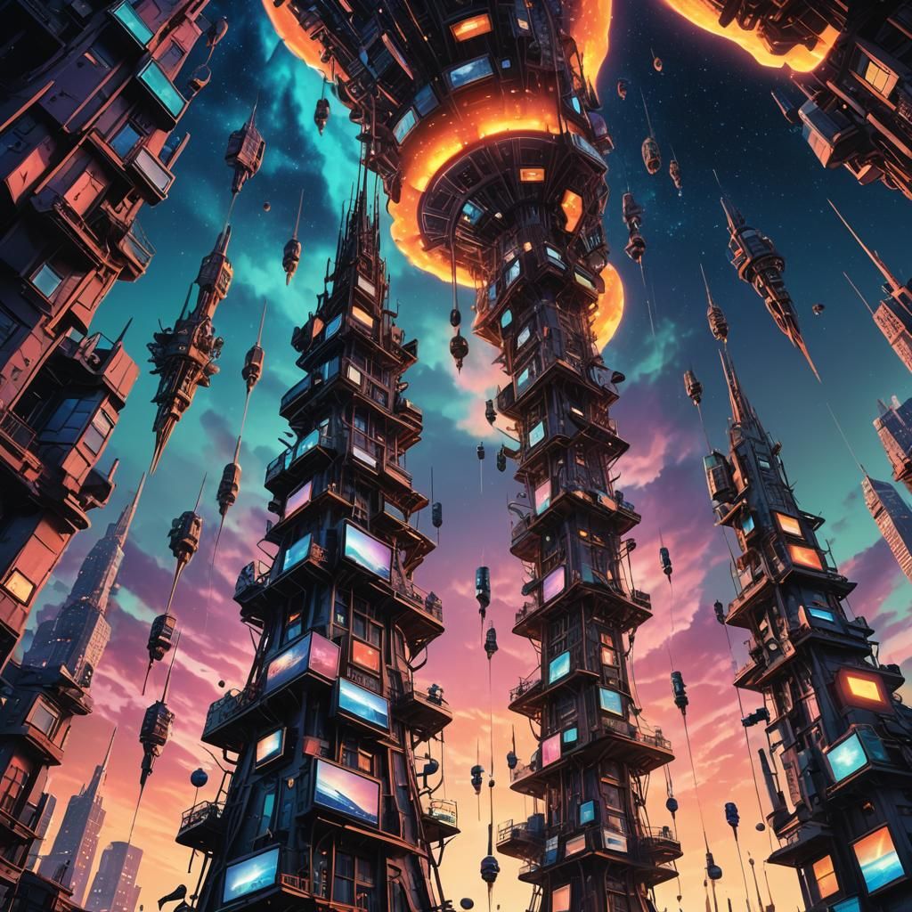 Tower of Phones in Alien Sky: Cyberpunk Art