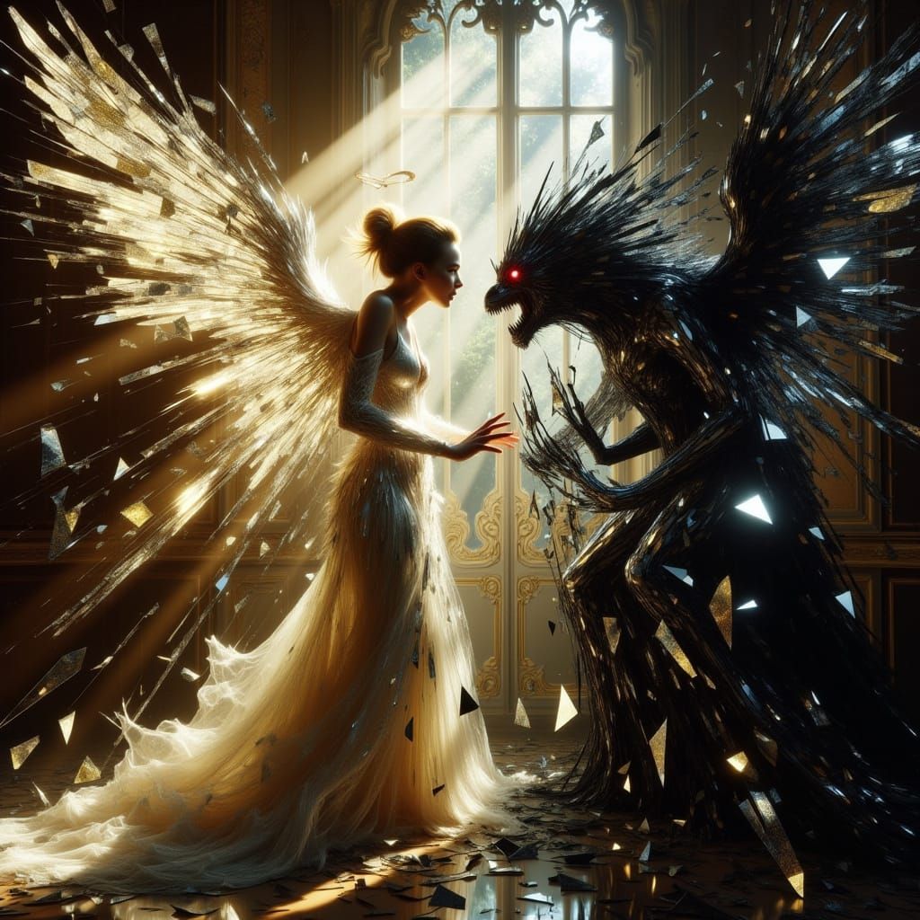 Angelic Woman and Dark Twin in Cracked Mirror