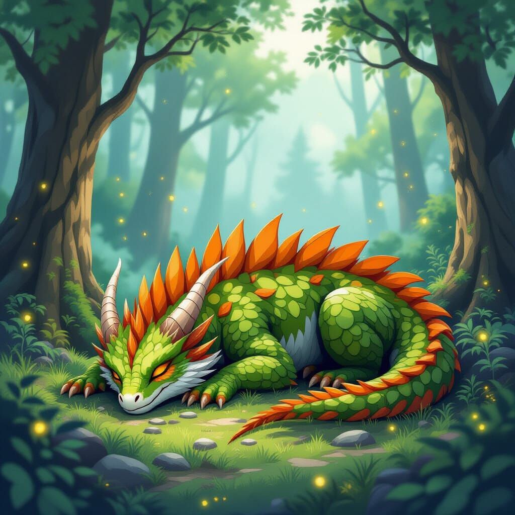 Nature Dragon Sleeping in Ethereal Forest