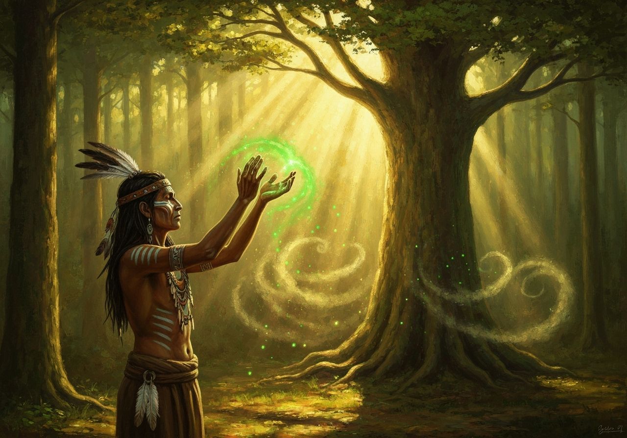 Shamanic Healing Rite in Sun-Dappled Forest Oil Painting