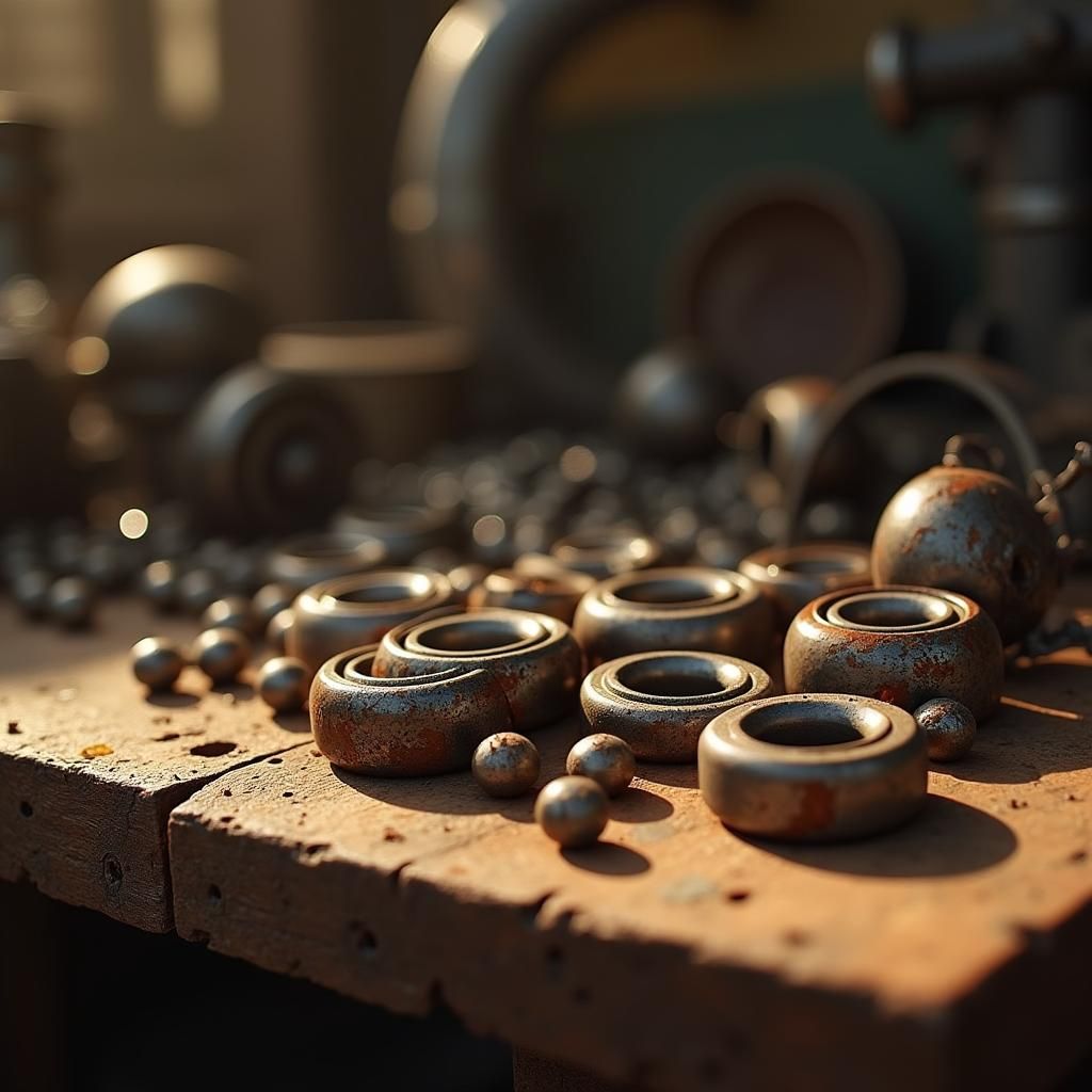 Rusted Ball Bearings on Wooden Workbench