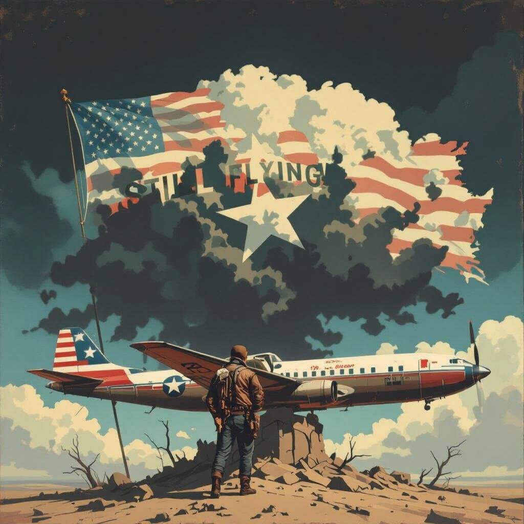 Defiant Pilot in Ruined Landscape, Propaganda Art