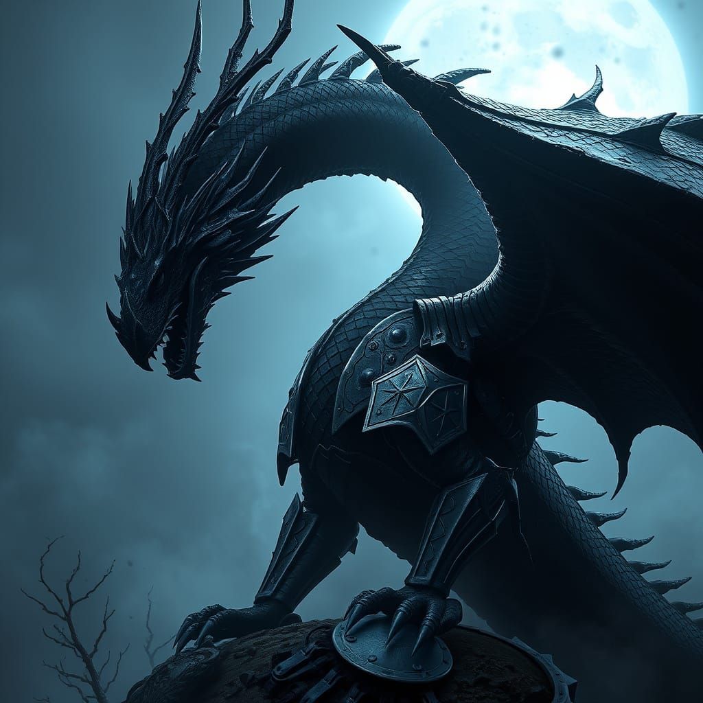 Gothic Metal Dragon in a Dark, Mystical Landscape
