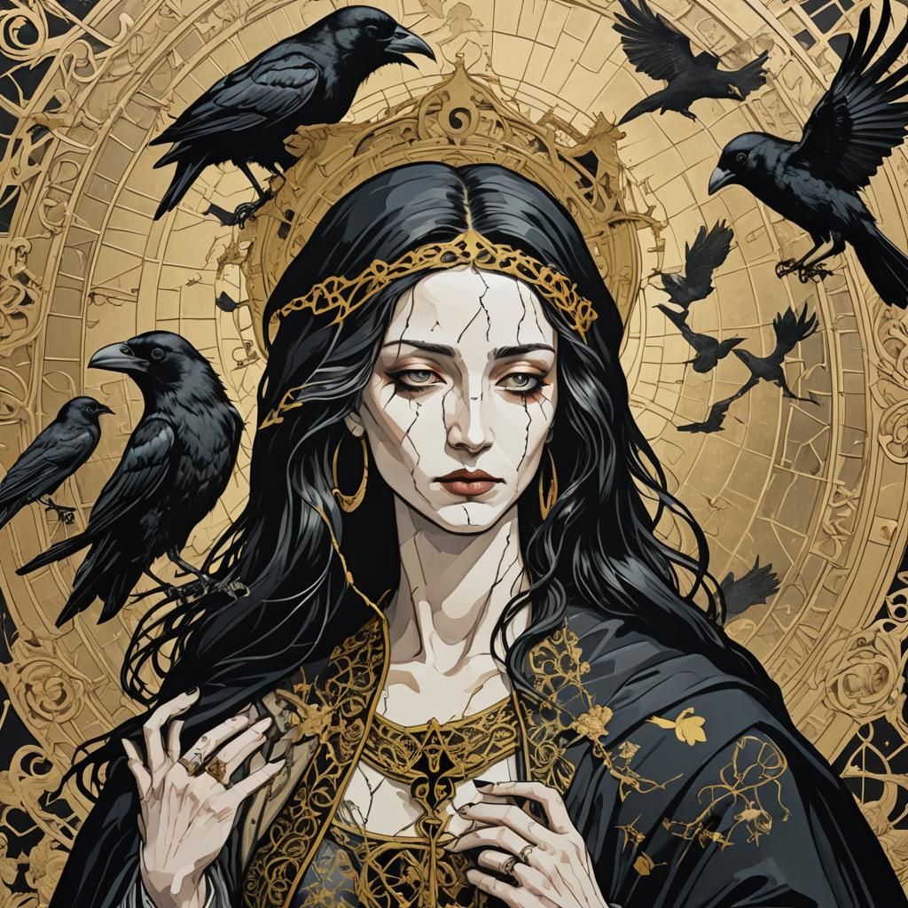 Kintsugi Crow and Madonna in Comic Book Style