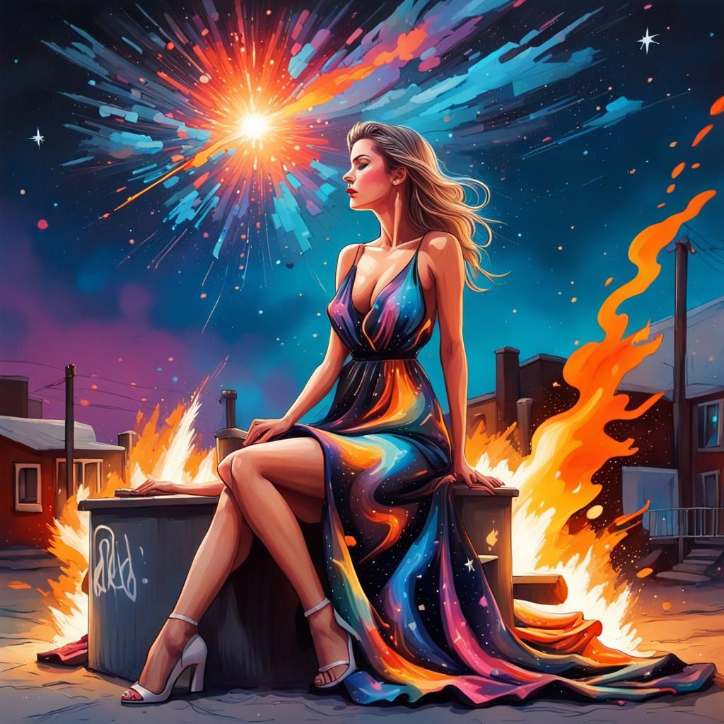 Colorful Night: Woman by Fire in Graffiti Art Style