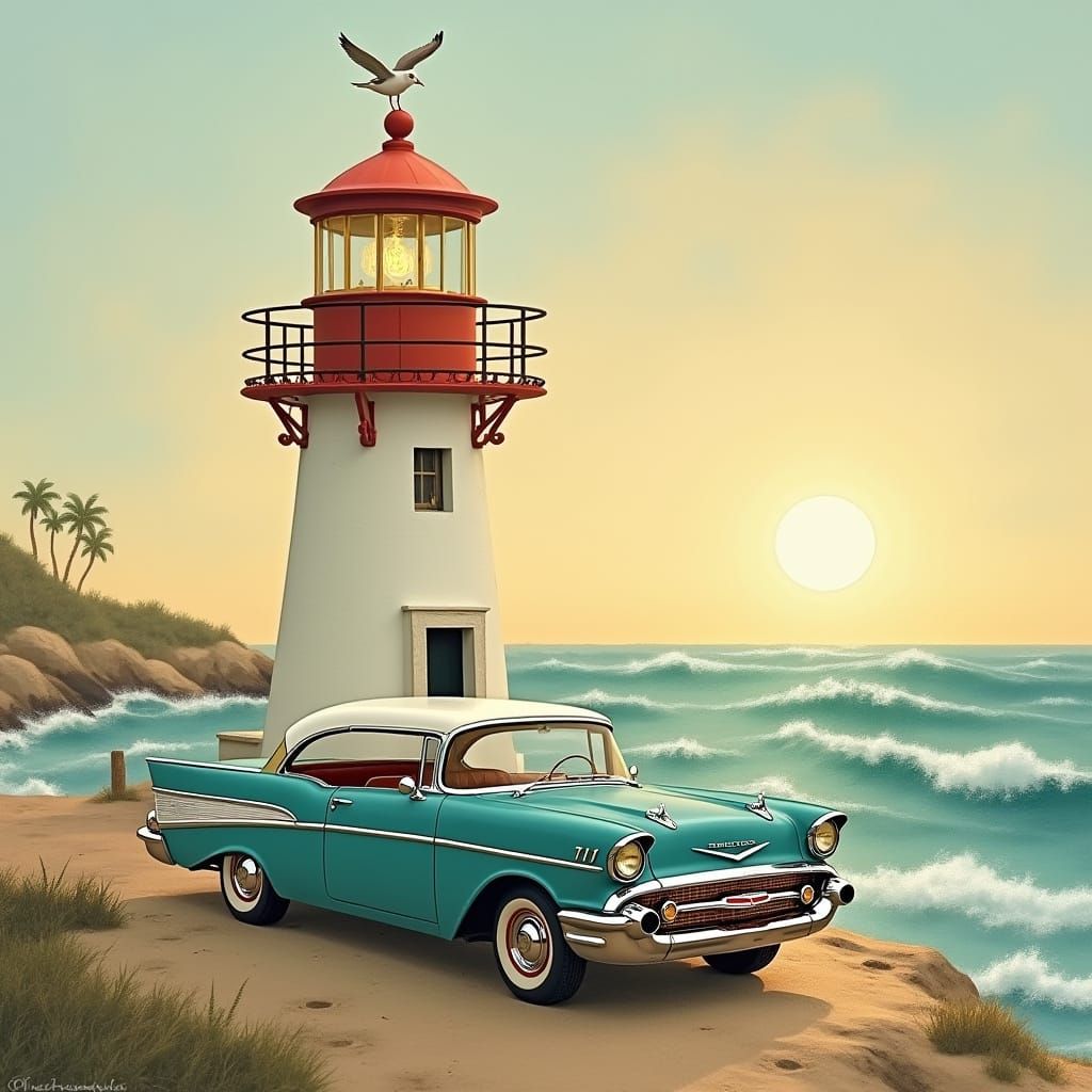 Whimsical Chevy Bel Air Lighthouse at Sunset
