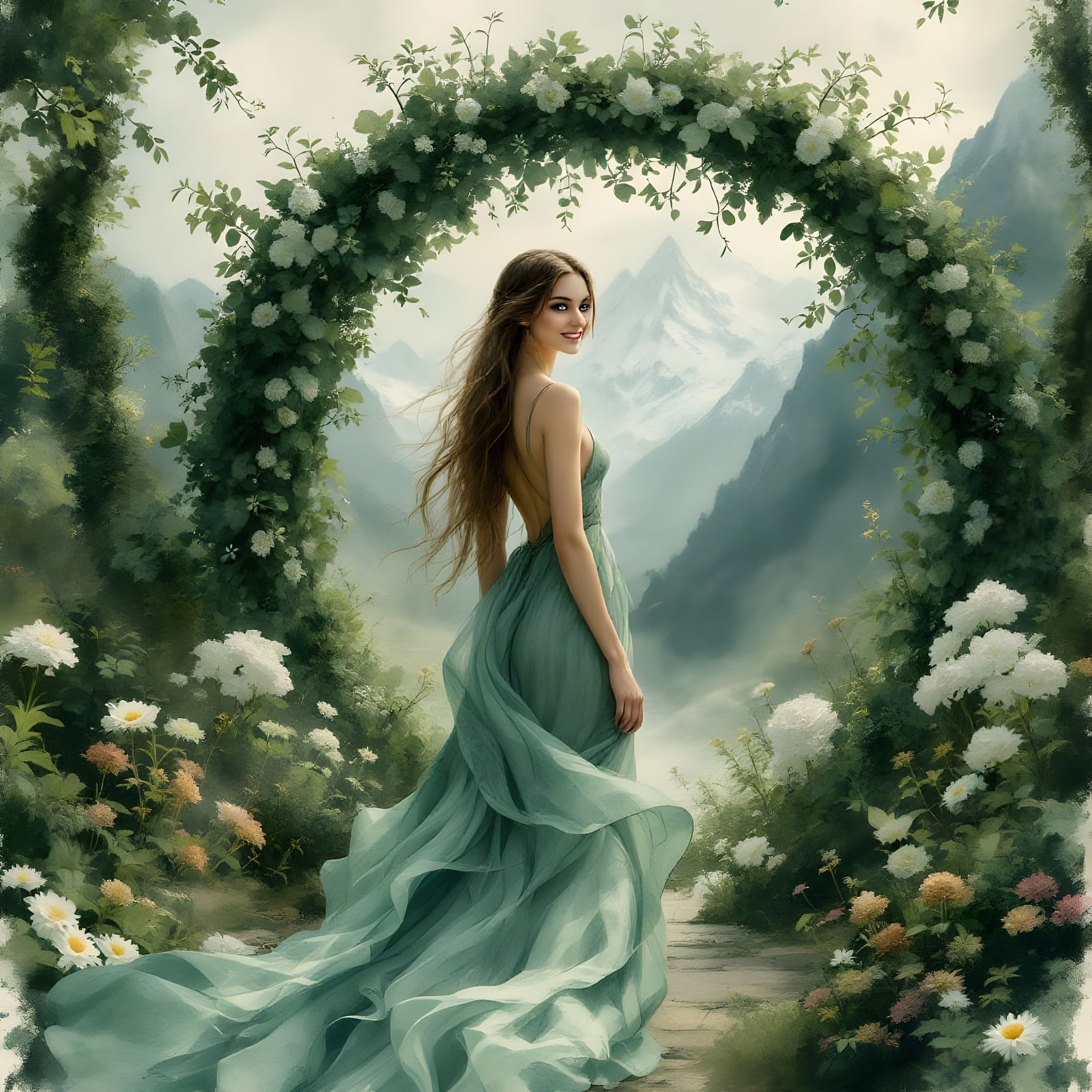 Norse Goddess in Garden with Mountain View