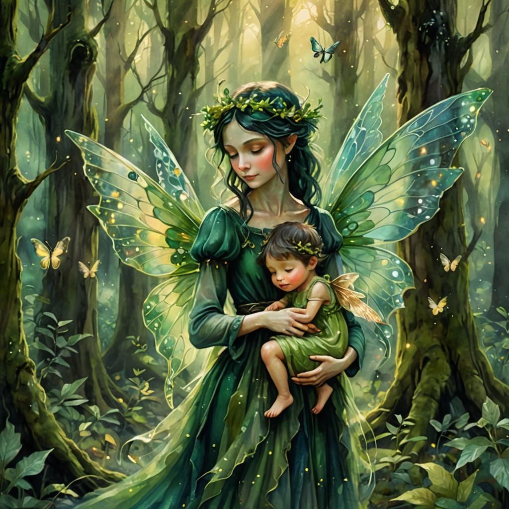 Ethereal Faerie Nurturing Child: Watercolor Art