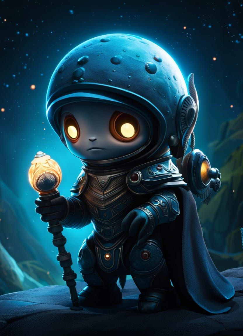 Adorable Alien with Fire Scepter in Bioluminescent Light
