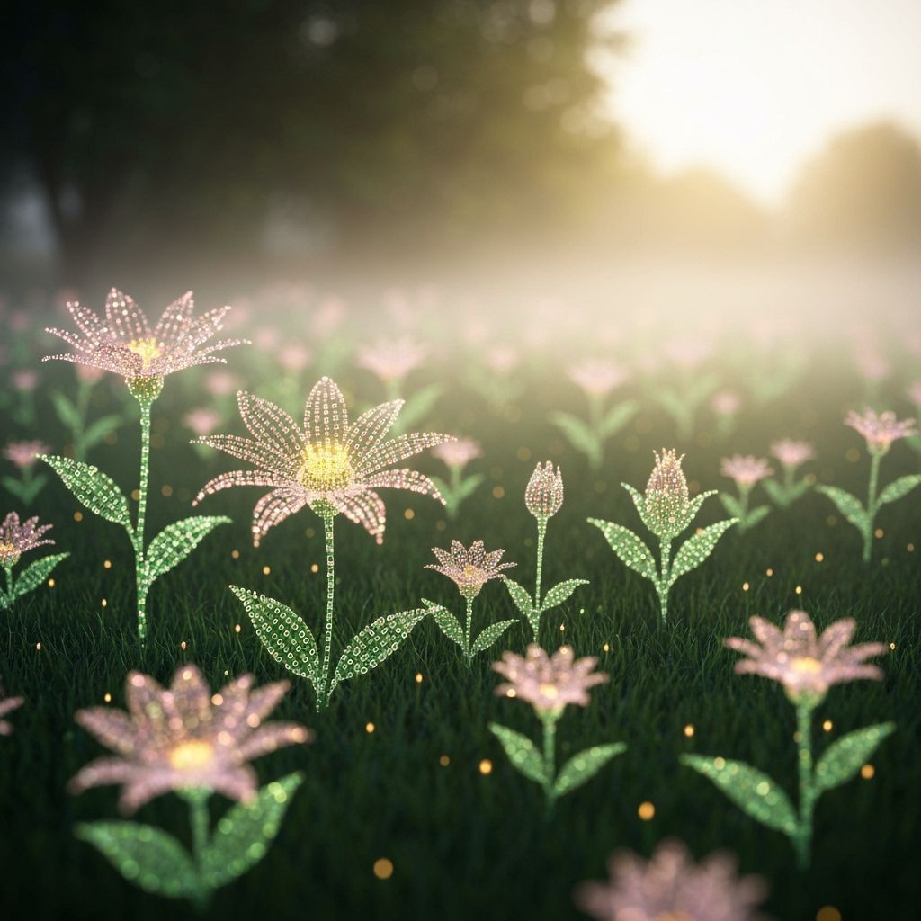 Ethereal Garden of Binary Code Flowers at Dawn