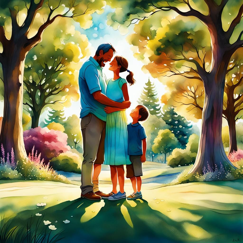 A father and his children embracing in a sunlit park