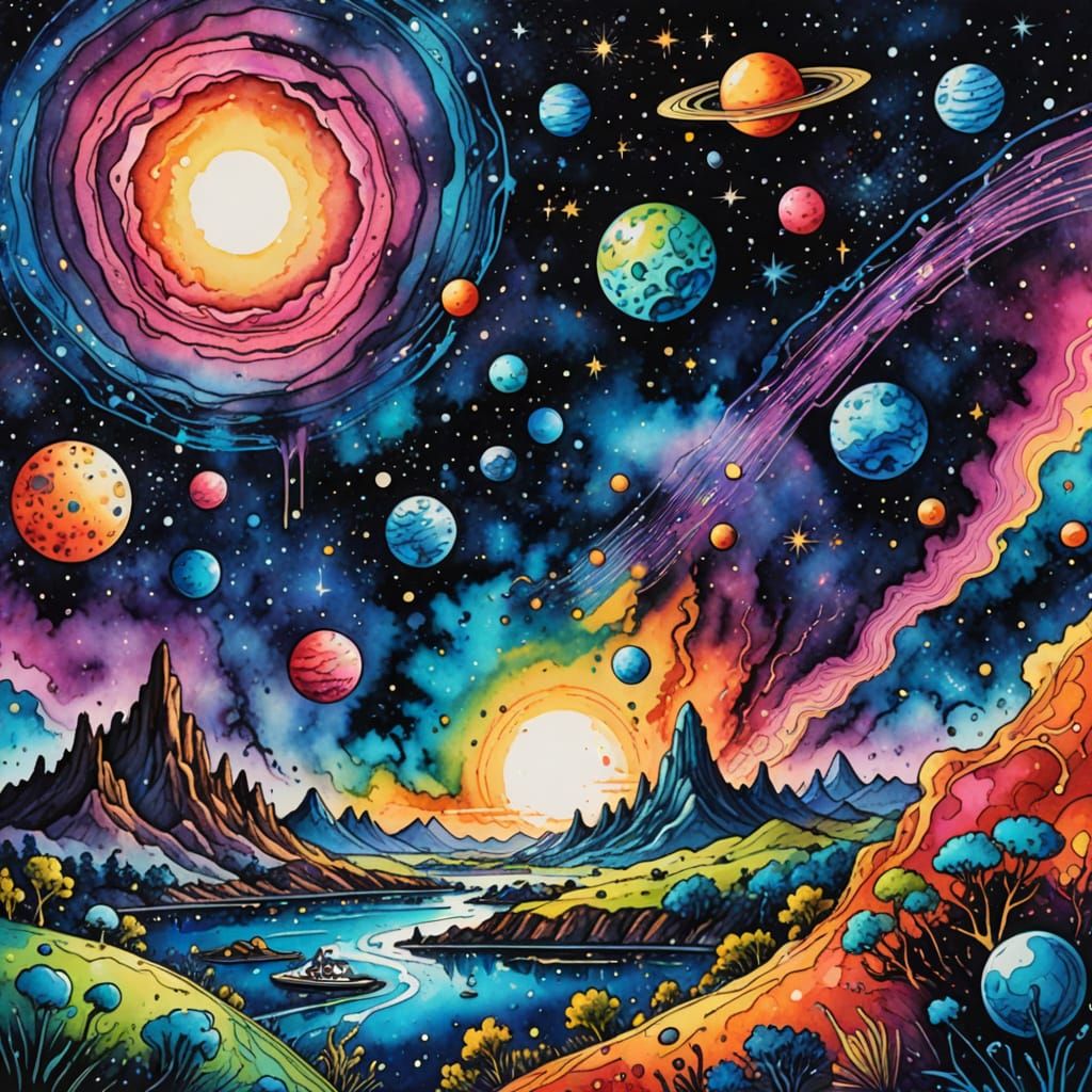 Cosmic Odyssey in Whimsical Ink
