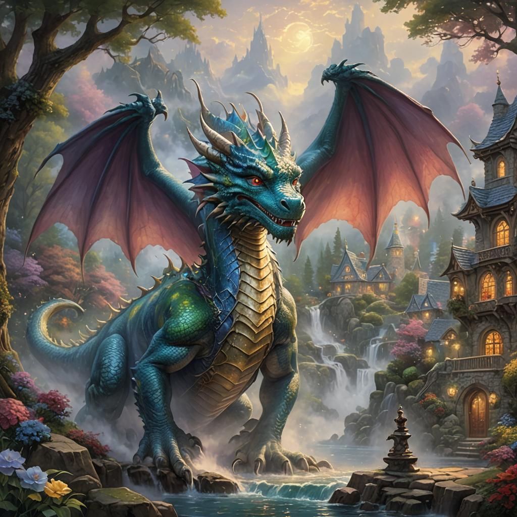 Ethereal Love Dragon in a Kinkade Style Fantasy