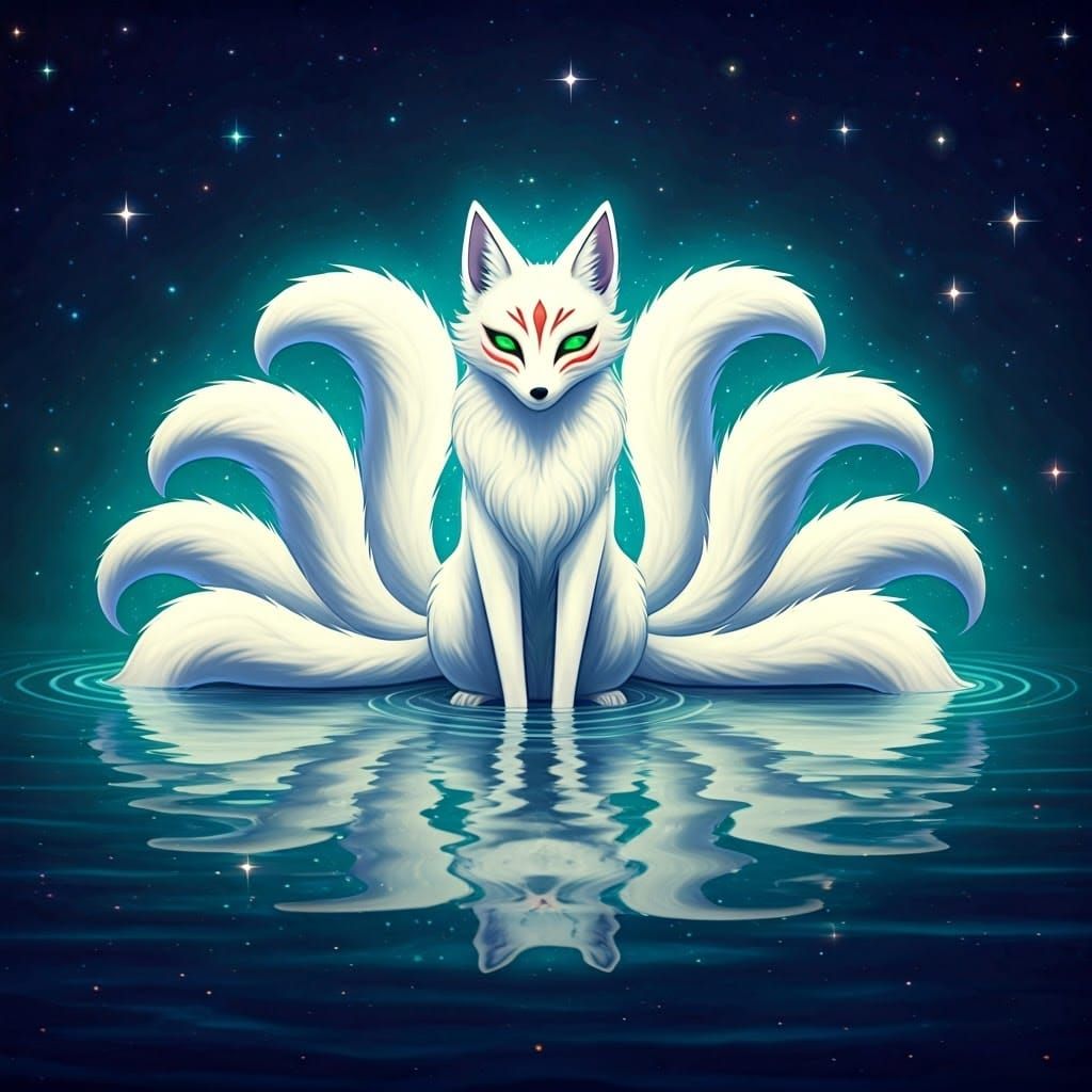 white Kitsune with green eyes sitting in a lake of stars."