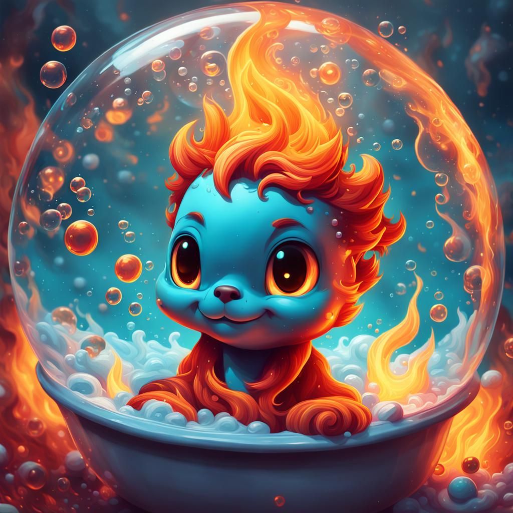 Happy Fire Flame in Bubble Bath: 3D Digital Art